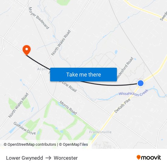 Lower Gwynedd to Worcester map