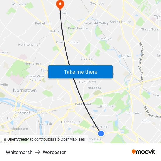 Whitemarsh to Worcester map