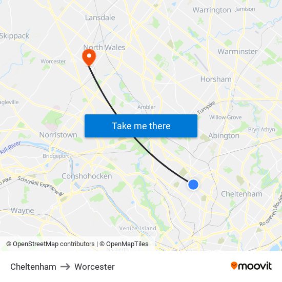 Cheltenham to Worcester map