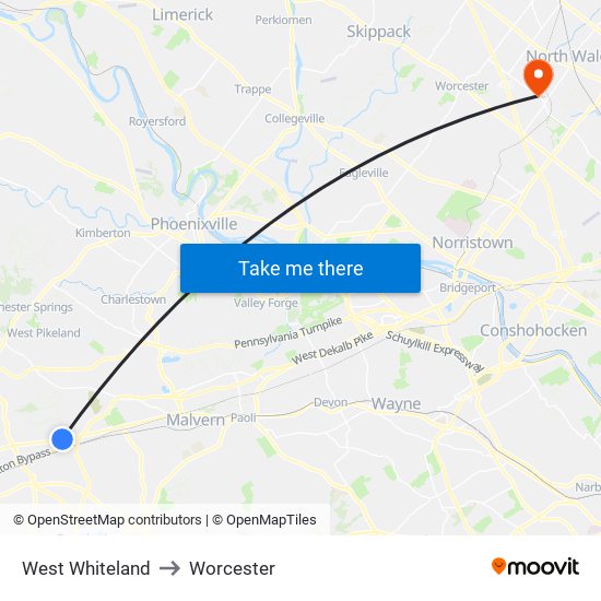 West Whiteland to Worcester map