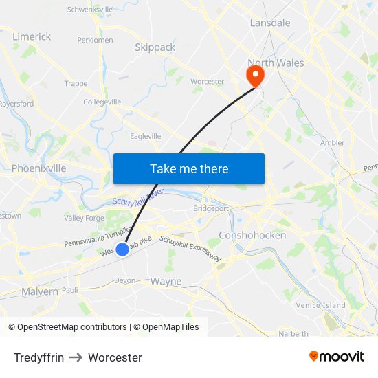 Tredyffrin to Worcester map