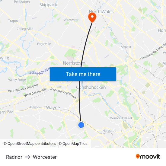 Radnor to Worcester map