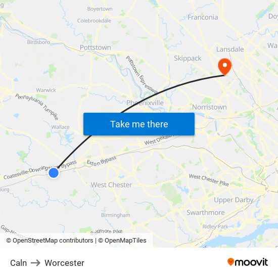 Caln to Worcester map