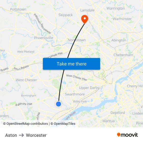 Aston to Worcester map