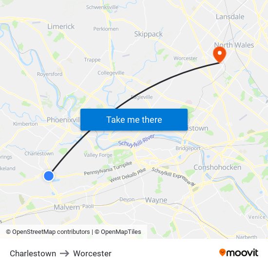 Charlestown to Worcester map