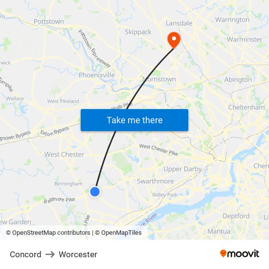 Concord to Worcester map