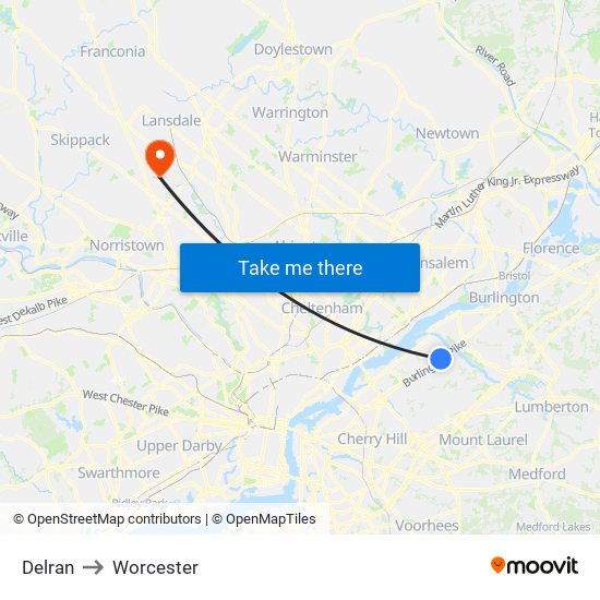 Delran to Worcester map