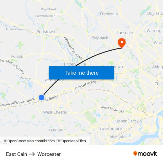 East Caln to Worcester map