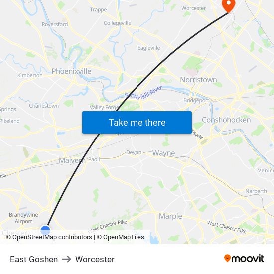 East Goshen to Worcester map