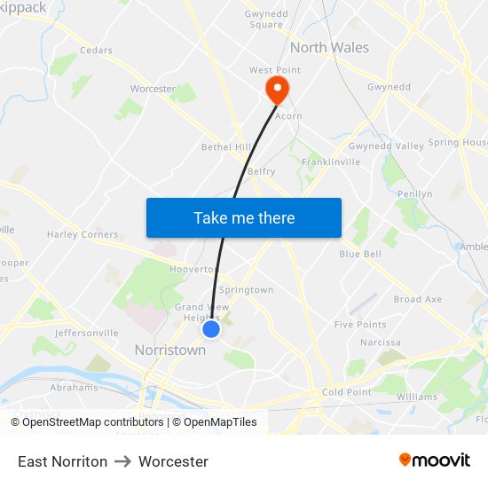 East Norriton to Worcester map