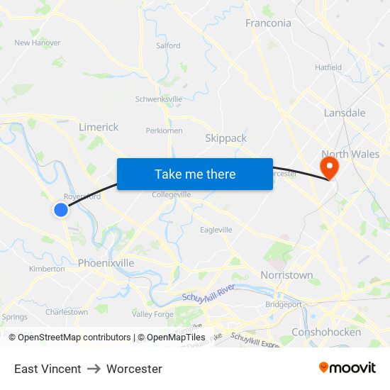 East Vincent to Worcester map