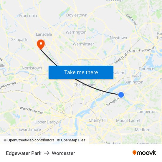 Edgewater Park to Worcester map
