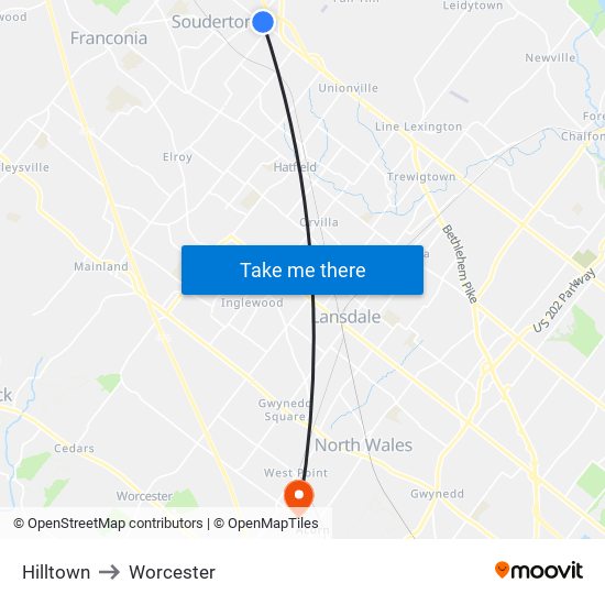 Hilltown to Worcester map