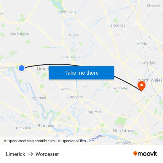 Limerick to Worcester map
