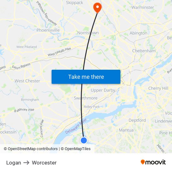 Logan to Worcester map