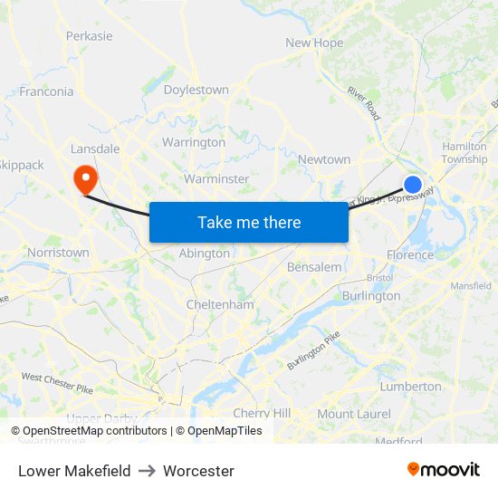 Lower Makefield to Worcester map