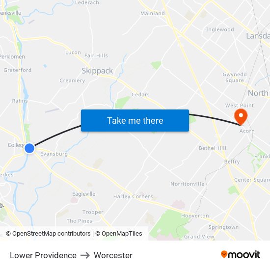 Lower Providence to Worcester map