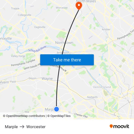 Marple to Worcester map