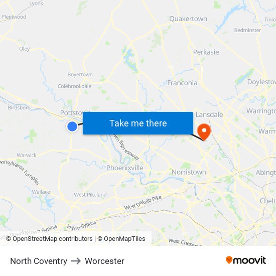 North Coventry to Worcester map