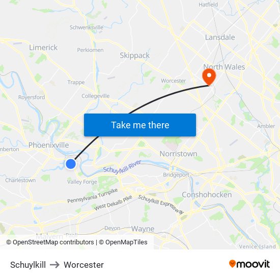 Schuylkill to Worcester map