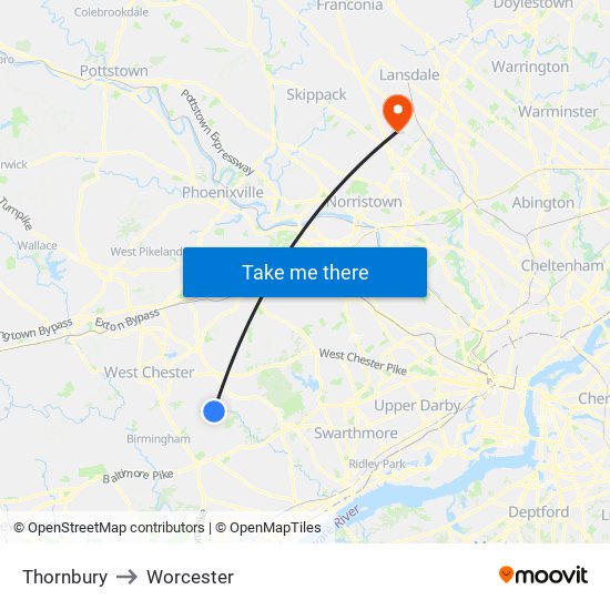 Thornbury to Worcester map