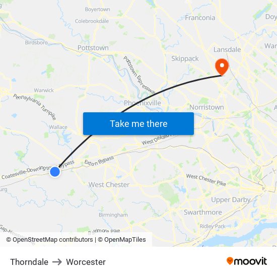 Thorndale to Worcester map