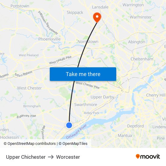 Upper Chichester to Worcester map