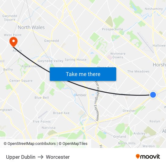 Upper Dublin to Worcester map