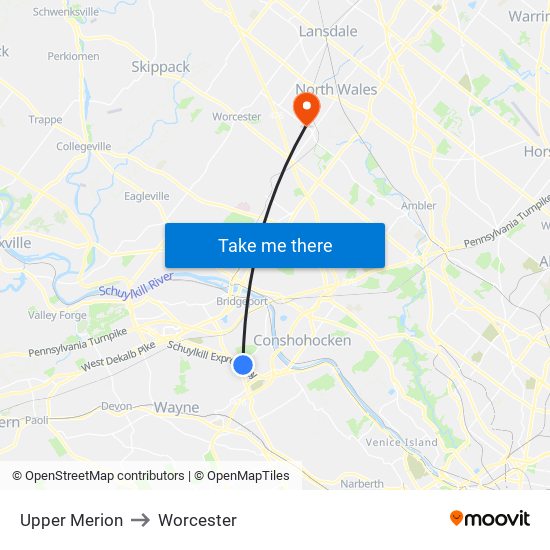 Upper Merion to Worcester map