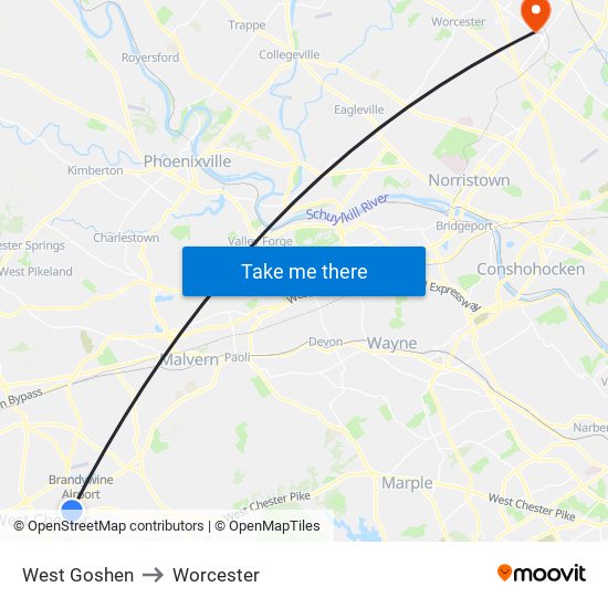 West Goshen to Worcester map