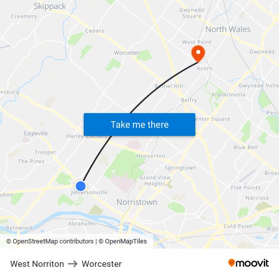 West Norriton to Worcester map