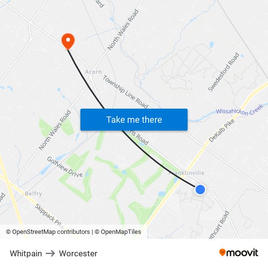 Whitpain to Worcester map