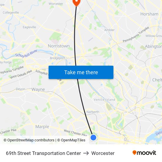 69th Street Transportation Center to Worcester map