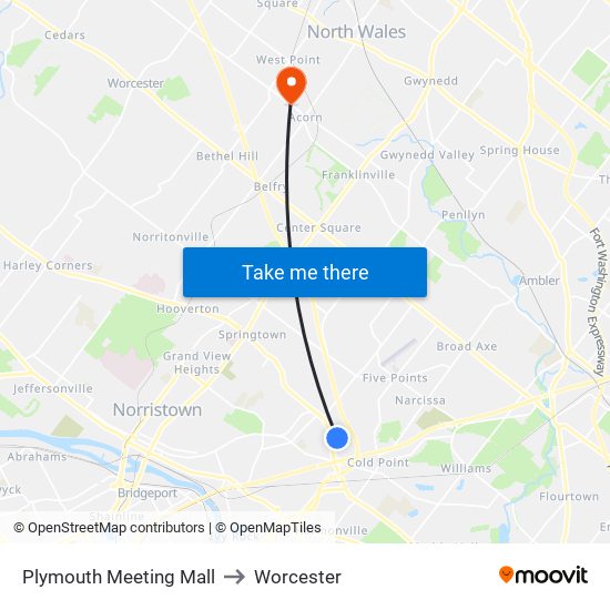 Plymouth Meeting Mall to Worcester map