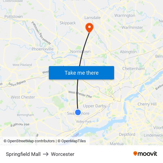 Springfield Mall to Worcester map
