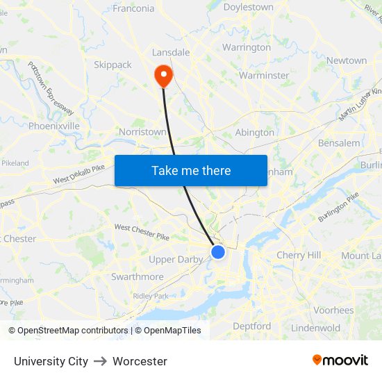 University City to Worcester map
