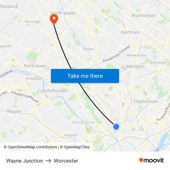 Wayne Junction to Worcester map