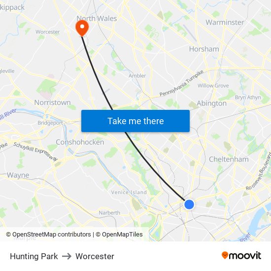 Hunting Park to Worcester map