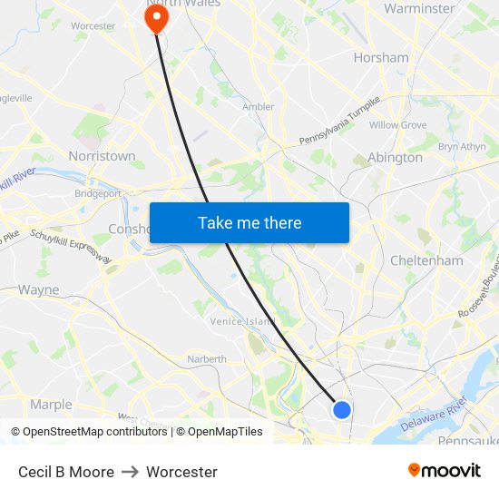 Cecil B Moore to Worcester map