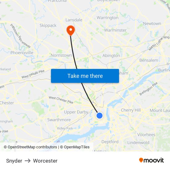 Snyder to Worcester map