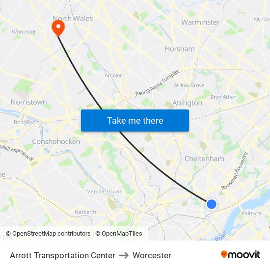 Arrott Transportation Center to Worcester map