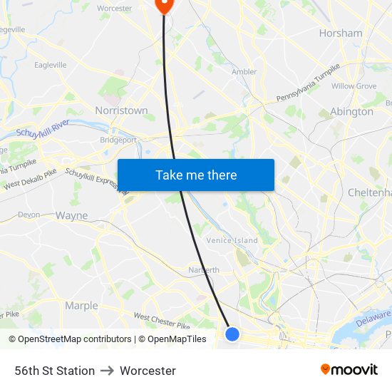 56th St Station to Worcester map