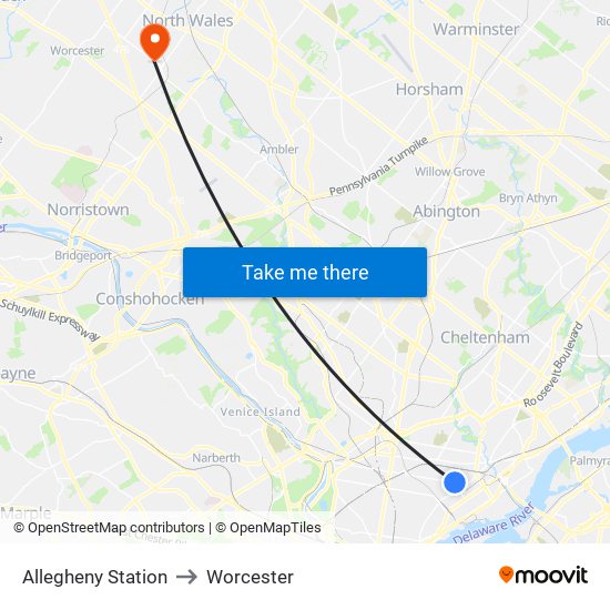 Allegheny Station to Worcester map