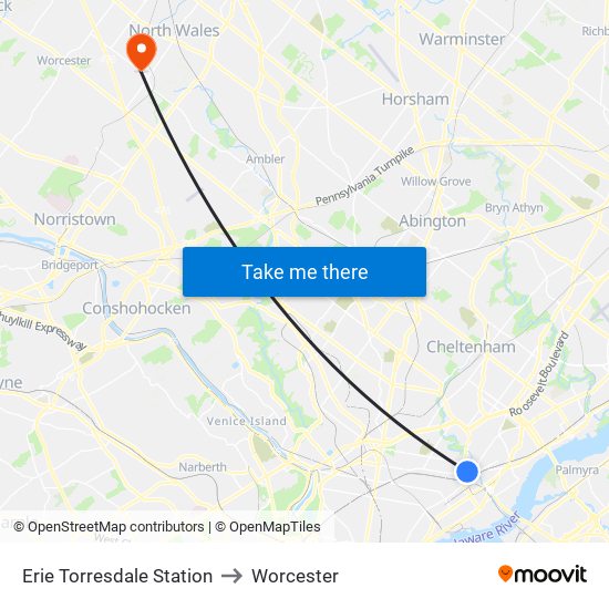 Erie Torresdale Station to Worcester map