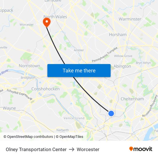 Olney Transportation Center to Worcester map