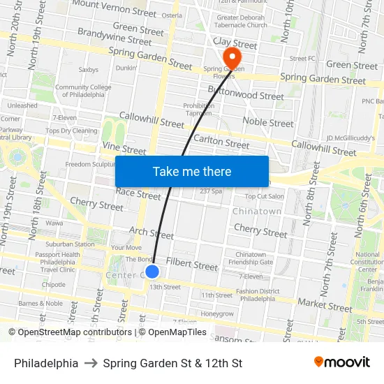 Philadelphia to Spring Garden St & 12th St map