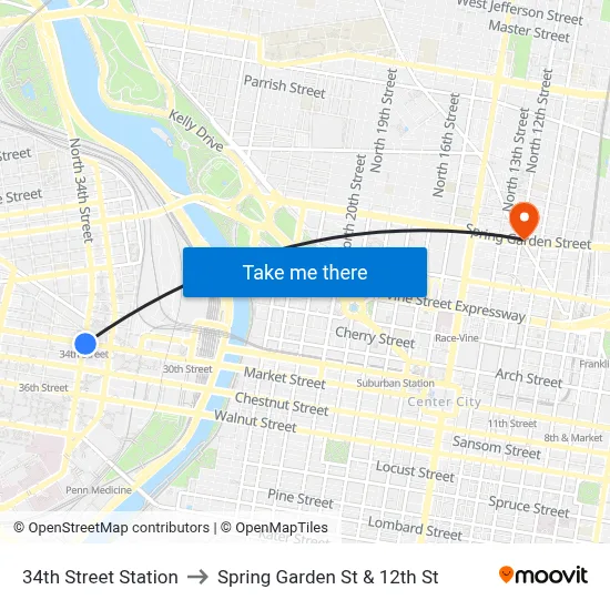 34th Street Station to Spring Garden St & 12th St map
