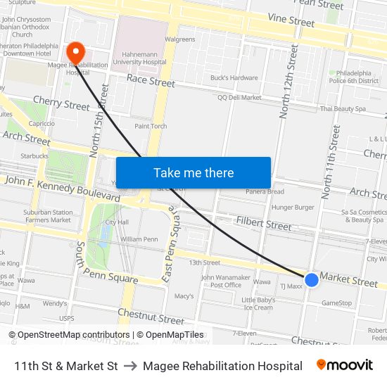 11th St & Market St to Magee Rehabilitation Hospital map