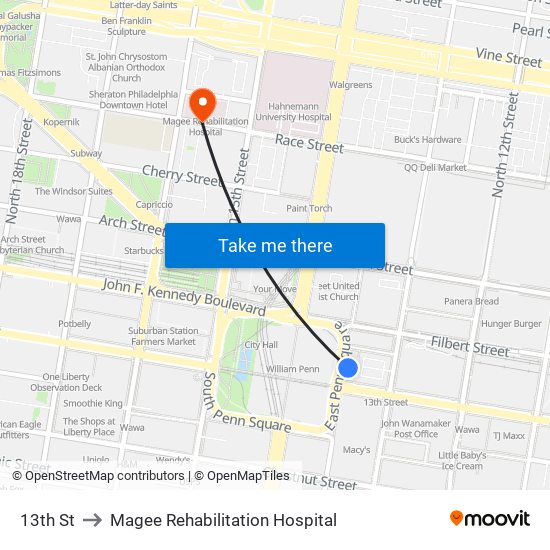 13th St to Magee Rehabilitation Hospital map