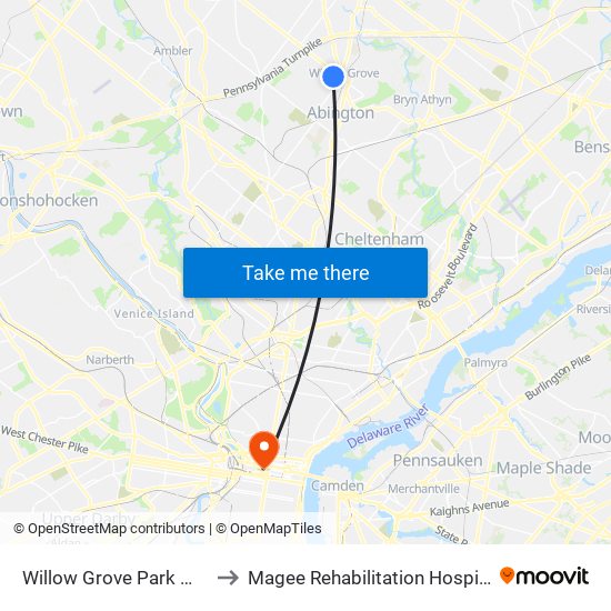 Willow Grove Park Mall to Magee Rehabilitation Hospital map